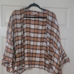 Maurices Plaid Open-Front Kimono in Cream and Tan